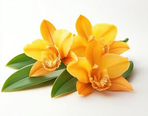 Obraz premium Exquisite Arrangement of Vibrant Yellow Orchids and Lush Green Leaves on a Minimalist Background for Elegant Floral Designs or Decor Projects