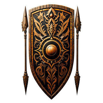 Ornate Dark Souls Shield & Spears:  High-Res Image isolated on transparent background