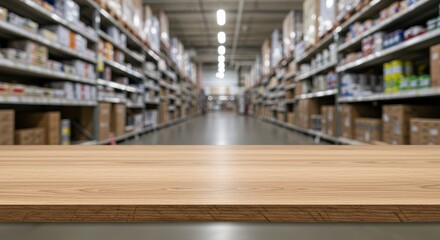 Wooden Tabletop In Hardware Store Aisles - Empty wooden table against blurred hardware store background. Concept: retail, display, products, shopping, inventory