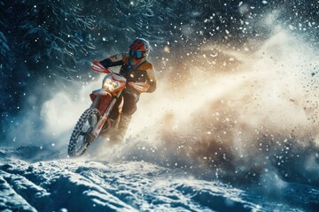 Fototapeta premium Rider on a Cross-Country Enduro Motorcycle Going Fast, Thrilling Enduro Racing with Drift Action, Motocross Moto Sport Adventure Isolated on Background with Copy Space. Motorsport Concept.