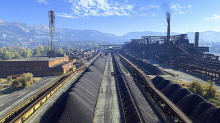 Fototapeta premium A large industrial coal mining site with heaps of black coal and conveyor belts under a bright blue sky. A scene of energy production and heavy industry.