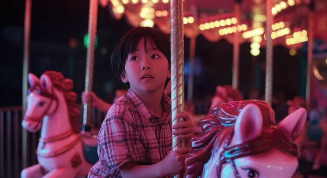 Asian child enjoying carousel ride at night with colorful lights