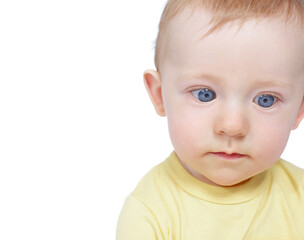 Thinking, baby face and child in studio for growth, development or imagine isolated on white background. Infant, cute and young kid, adorable boy or dream with innocence or wonder with mockup space