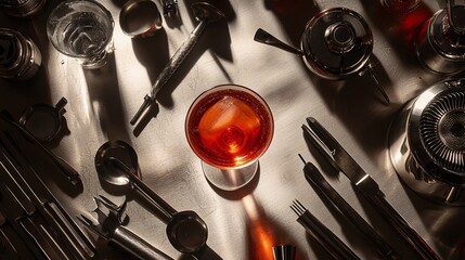 Elegant Cocktail Surrounded by Professional Bartending Tools