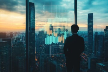 A businessman contemplates a city skyline at sunset, overlaid with dynamic financial data visualizations.