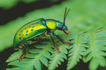 Fototapeta premium Vibrant green beetle resting on a fern leaf, captured in extreme close-up with hyper-realistic textures, intricate patterns, and a reflective exoskeleton in high contrast Generative AI