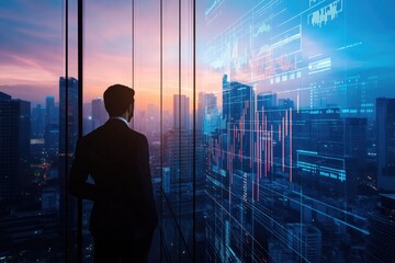 A businessman contemplates a cityscape at sunset, overlaid with dynamic financial data visualizations.