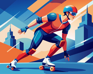 Vibrant Vector Illustration of Roller Skater in Urban Setting, Depicting Speed and Style in Modern Street Sports with Dynamic City Background and Motion Elements