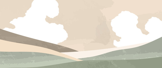 Minimal vector abstract landscape with clouds. Mountain background with watercolor texture in earthy tones. Vector design for prints, posters, covers, wall art and home decor.
