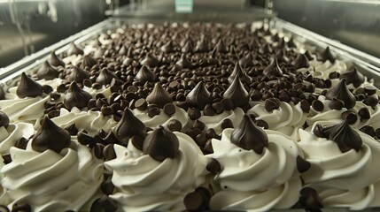 Obraz premium Ice cream production machine dispensing toppings onto sweet frozen treats in factory setting