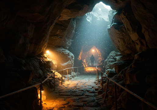Glowing pathway in a cavernous mystical cave, setting an ethereal tone for an adventurous fantasy exploration scene."