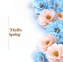 Fototapeta premium A delicate and elegant floral illustration featuring the phrase Hello Spring. The design includes soft pastel flowers in shades of blue and peach, arranged on the right side.