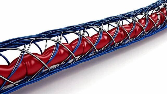 Detailed illustration of a stent design with red blood cells flowing through a vascular structure