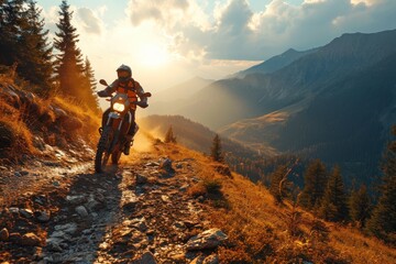 Fototapeta premium Rider on a Cross-Country Enduro Motorcycle Racing Fast, Drift Action in Thrilling Motocross Adventure, Moto Sport Isolated on Background with Copy Space. Motorsport Concept with Copy Space.