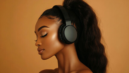 Black woman wearing headphones. High resolution aesthetic suitable for advertising purposes. Photo to attract attention in banner ads. Young black woman. Generated AI.
