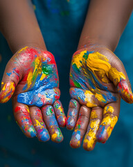 Child’s hands covered in colorful paint