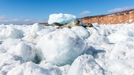 Seals resting on ice floes in arctic landscape. Possible use Stock photo
