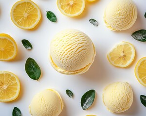 Fresh Lemon Ice Cream Scoops Surrounded by Juicy Lemon Slices and Green Leaves on a Light Background for Summer Dessert Inspiration