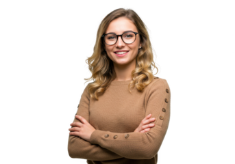 A stylish woman with wavy blonde hair and glasses stands with her arms crossed isolated on transparent background
