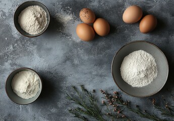 Fresh Ingredients for Baking with Flour, Eggs, and Decorative Greenery on a Textured Gray Surface in a Stylish Kitchen Setup