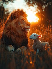 Fototapeta premium the symbolic duality of Jesus as the Lamb of Sacrifice and the Lion of Triumph. In the scene, a lion and a lamb are together in a meadow at sunset.