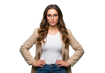 A confident woman with long wavy brown hair wearing glasses and a beige blazer isolated on transparent background