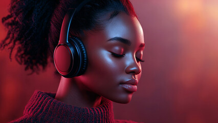 Black woman wearing headphones. High resolution aesthetic suitable for advertising purposes. Photo to attract attention in banner ads. Young black woman. Generated AI.