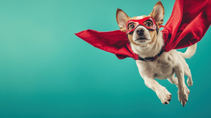 Funny dog dressed as a superhero, flying with a red mask and cape against a turquoise background, in a dynamic pose, resembling a comic book hero