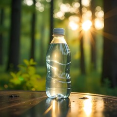 A clear plastic water bottle on a wooden table in a lush green forest