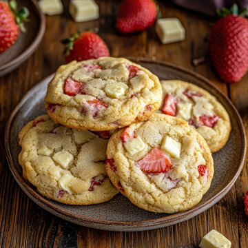 Strawberry White Chocolate Cookies. Soft strawberry cookies with white chocolate chunks on a plate