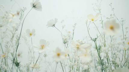 A field of white flowers with a few yellow flowers in the middle. The flowers are scattered throughout the field, with some closer to the foreground and others further back