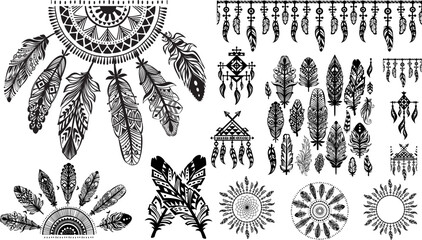 Set of Dreamcatchers and feathers in tribal style, vector black and white illustration