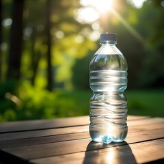 A clear plastic water bottle on a wooden table in a lush green forest