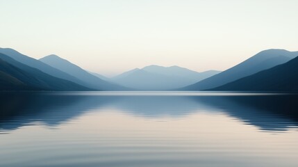 A serene and peaceful scene of a lake surrounded by mountains. The water is calm and still, reflecting the mountains in the distance. Concept of tranquility and harmony with nature