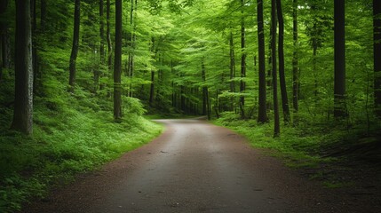 Obraz premium A forest path with a road running through it. The road is covered in leaves and dirt. The trees are green and lush