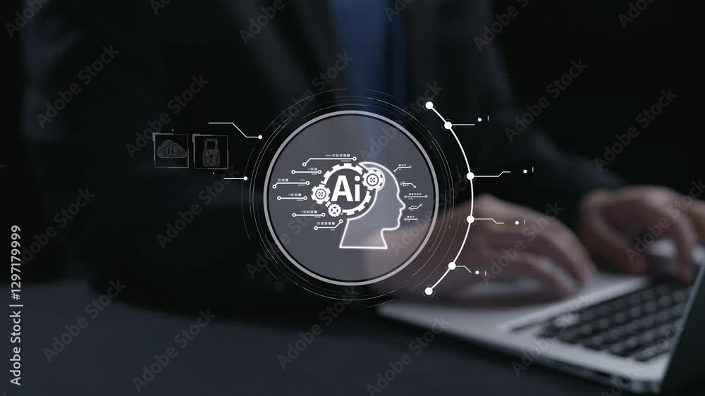 Poster human interact with ai artificial intelligence brain processor in concept of ai artificial intellige