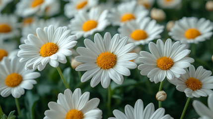 Obraz premium Scattered white daisies with yellow centers, cheerful and simple background