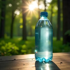 A clear plastic water bottle on a wooden table in a lush green forest