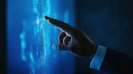 A hand's fingers touch a screen with code on a blue - toned background, indicating a technological operation moment.
