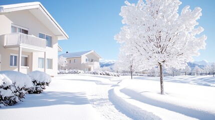 Snowy winter village path, Alps view, sunny day, postcard scene