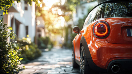 Naklejka premium Bright orange car parked on a sunlit modern street surrounded by lush green plants and white buildings reflecting the beauty of the day