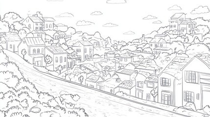 Obraz premium Charming hilltop village sketch, tranquil landscape, coloring page, printable art, educational resource, for kids