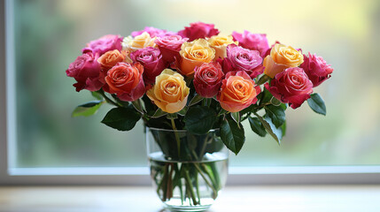Obraz premium Brightly colored bouquet of roses in shades of pink, red, and yellow arranged beautifully in a clear glass vase against a soft blurred background