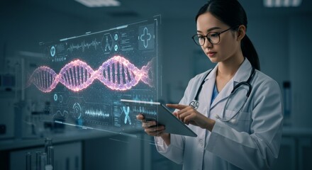 Futuristic Medical Professional Analyzing Digital DNA Hologram Interface in Modern Laboratory, Healthcare Technology Innovation with Genetic Research and Personalized Medicine Visualization