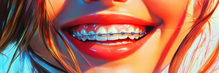 Fototapeta premium Bright smile of a girl with braces, welcoming and friendly, ideal for orthodontics marketing or promoting dental health, banner