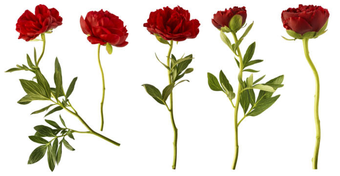 Creative set collection with Beautiful Red Peony isolated on white background. High resolution. Zero gravity or levitation concept.