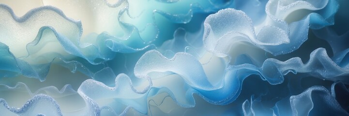 Abstract blue ruffles texture. Shiny decorative fabric with wavy pattern. Elegant light wallpaper, party background design ultrawide banner size