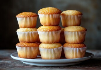 Freshly Baked Golden Vanilla Cupcakes Stacked on a White Plate Against a Rustic Wooden Background