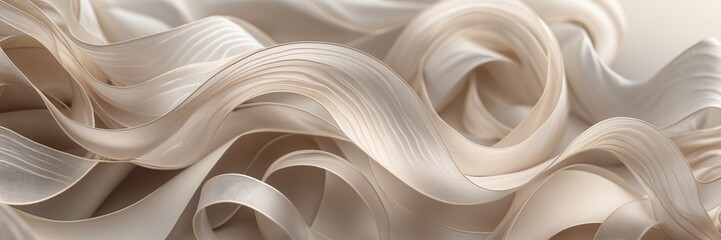 Beige ribbons flow art. Elegant soft ribbons wave abstract background. Light brown fabric curves style close up. ultrawide banner size