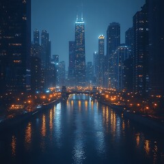 Fototapeta premium Beautiful urban night view of chicago skyline high resolution hd photo